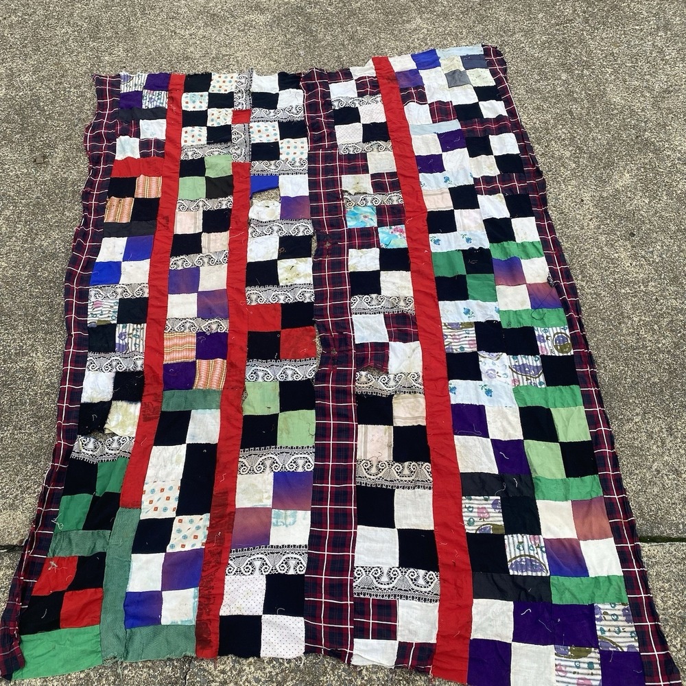 Vintage Patchwork Hand Stitched Squares Quilt Top 58x82 Has Open Seams See Pics